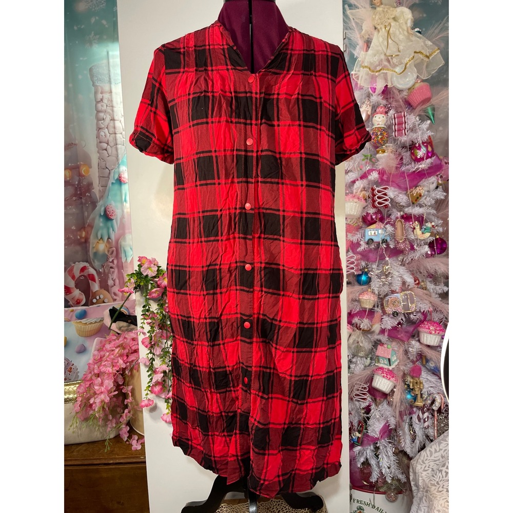 Yozly Buffalo Plaid House Dress Women Medium Red Black Good Button Front Midi